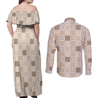 Hawaiian Palaka Quilt Pattern Couples Matching Off Shoulder Maxi Dress and Long Sleeve Button Shirt Hawaii Culture Honu Turtle - Polynesian Pride