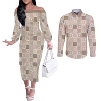 Hawaiian Palaka Quilt Pattern Couples Matching Off The Shoulder Long Sleeve Dress and Long Sleeve Button Shirt Hawaii Culture Honu Turtle - Polynesian Pride