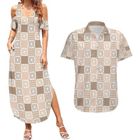 Hawaiian Palaka Quilt Pattern Couples Matching Summer Maxi Dress and Hawaiian Shirt Hawaii Culture Honu Turtle - Polynesian Pride