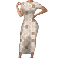 Hawaiian Palaka Quilt Pattern Family Matching Short Sleeve Bodycon Dress and Hawaiian Shirt Hawaii Culture Honu Turtle LT9 Mom's Dress Beige - Polynesian Pride