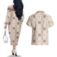 Hawaiian Palaka Quilt Pattern Couples Matching Off The Shoulder Long Sleeve Dress and Hawaiian Shirt Hawaii Culture Pineapple - Polynesian Pride