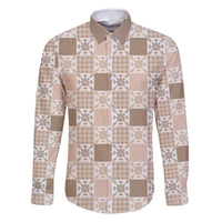 Hawaiian Palaka Quilt Pattern Family Matching Long Sleeve Bodycon Dress and Hawaiian Shirt Hawaii Culture Pineapple LT9 Dad's Shirt - Long Sleeve Beige - Polynesian Pride