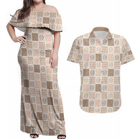 Hawaiian Palaka Quilt Pattern Couples Matching Off Shoulder Maxi Dress and Hawaiian Shirt Hawaii Culture Tropical Flowers Mix - Polynesian Pride