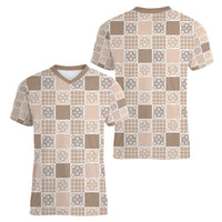 Hawaiian Palaka Quilt Pattern Women V-Neck T-Shirt Hawaii Culture Tropical Flowers Mix - Polynesian Pride