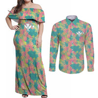 Personalised Seamless Hawaiian Quilt Pattern Couples Matching Off Shoulder Maxi Dress and Long Sleeve Button Shirt Hawaii Culture Palm Leaf Tropical LT9 Beige - Polynesian Pride