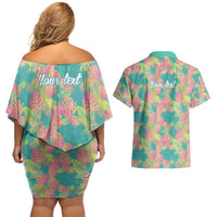 Seamless Hawaiian Quilt Pattern Couples Matching Off Shoulder Short Dress and Hawaiian Shirt Hawaii Culture Palm Leaf Tropical - Polynesian Pride