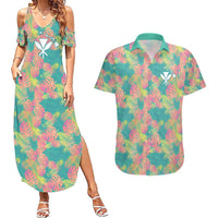 Seamless Hawaiian Quilt Pattern Couples Matching Summer Maxi Dress and Hawaiian Shirt Hawaii Culture Palm Leaf Tropical - Polynesian Pride