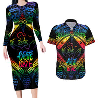 Tonga LGBT Couples Matching Long Sleeve Bodycon Dress and Hawaiian Shirt Love Is Love Ngatu Rainbow Water Color LT9 Black - Polynesian Pride