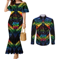Tonga LGBT Couples Matching Mermaid Dress and Long Sleeve Button Shirts Love Is Love Ngatu Rainbow Water Color LT9 Black - Polynesian Pride