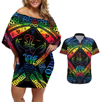Tonga LGBT Couples Matching Off Shoulder Short Dress and Hawaiian Shirt Love Is Love Ngatu Rainbow Water Color LT9 Black - Polynesian Pride