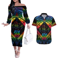Tonga LGBT Couples Matching Off The Shoulder Long Sleeve Dress and Hawaiian Shirt Love Is Love Ngatu Rainbow Water Color LT9 Black - Polynesian Pride