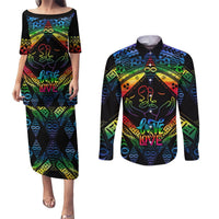 Tonga LGBT Couples Matching Puletasi Dress and Long Sleeve Button Shirts Love Is Love Ngatu Rainbow Water Color LT9 Black - Polynesian Pride