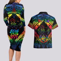 Personalised Tonga LGBT Couples Matching Long Sleeve Bodycon Dress and Hawaiian Shirt Love Is Love Ngatu Rainbow Water Color LT9 - Polynesian Pride