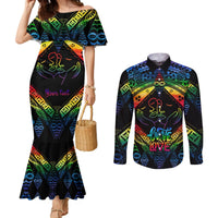 Personalised Tonga LGBT Couples Matching Mermaid Dress and Long Sleeve Button Shirts Love Is Love Ngatu Rainbow Water Color LT9 Black - Polynesian Pride
