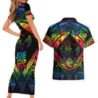 Personalised Tonga LGBT Couples Matching Short Sleeve Bodycon Dress and Hawaiian Shirt Love Is Love Ngatu Rainbow Water Color LT9 - Polynesian Pride