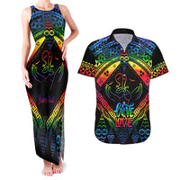 Personalised Tonga LGBT Couples Matching Tank Maxi Dress and Hawaiian Shirt Love Is Love Ngatu Rainbow Water Color LT9 Black - Polynesian Pride