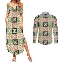 Seamless Pattern Maile and Pikake Lei Couples Matching Summer Maxi Dress and Long Sleeve Button Shirt Squares Maile Leaf - Polynesian Pride