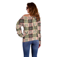 Seamless Pattern Pikake Lei Off Shoulder Sweater Floral Squares Pikake - Polynesian Pride
