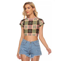 Seamless Pattern Pikake Lei Raglan Cropped T Shirt Floral Squares Pikake - Polynesian Pride