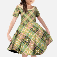Seamless Pattern Puakenikeni and Kalo Family Matching Long Sleeve Bodycon Dress and Hawaiian Shirt LT9 Daughter's Dress Beige - Polynesian Pride