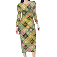 Seamless Pattern Puakenikeni and Kalo Family Matching Long Sleeve Bodycon Dress and Hawaiian Shirt LT9 Mom's Dress Beige - Polynesian Pride