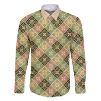 Seamless Pattern Puakenikeni and Kalo Family Matching Off The Shoulder Long Sleeve Dress and Hawaiian Shirt LT9 Dad's Shirt - Long Sleeve Beige - Polynesian Pride