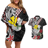 Hawaii Monk Seal Santa Couples Matching Off Shoulder Short Dress and Hawaiian Shirt Hibiscus Kakau Pattern Mele Kalikimaka