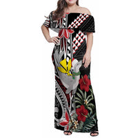 Hawaii Monk Seal Santa Family Matching Off Shoulder Maxi Dress and Hawaiian Shirt Hibiscus Kakau Pattern Mele Kalikimaka LT9 Mom's Dress Black - Polynesian Pride
