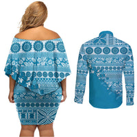 Fiji Marau na Kerisimasi Couples Matching Off Shoulder Short Dress and Long Sleeve Button Shirt Aqua Tagimoucia Tapa Masi Tribal LT9 - Polynesian Pride