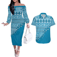 Fiji Marau na Kerisimasi Couples Matching Off The Shoulder Long Sleeve Dress and Hawaiian Shirt Aqua Tagimoucia Tapa Masi Tribal LT9 Aqua - Polynesian Pride
