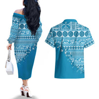 Fiji Marau na Kerisimasi Couples Matching Off The Shoulder Long Sleeve Dress and Hawaiian Shirt Aqua Tagimoucia Tapa Masi Tribal LT9 - Polynesian Pride