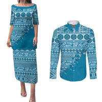 Fiji Marau na Kerisimasi Couples Matching Puletasi and Long Sleeve Button Shirt Aqua Tagimoucia Tapa Masi Tribal LT9 Aqua - Polynesian Pride
