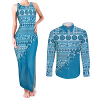 Fiji Marau na Kerisimasi Couples Matching Tank Maxi Dress and Long Sleeve Button Shirt Aqua Tagimoucia Tapa Masi Tribal LT9 Aqua - Polynesian Pride