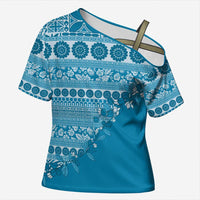 Fiji Marau na Kerisimasi Cross Shoulder Shirt Aqua Tagimoucia Tapa Masi Tribal - Polynesian Pride