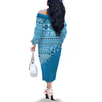Fiji Marau na Kerisimasi Family Matching Off The Shoulder Long Sleeve Dress and Hawaiian Shirt Aqua Tagimoucia Tapa Masi Tribal LT9 - Polynesian Pride