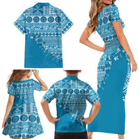 Fiji Marau na Kerisimasi Family Matching Short Sleeve Bodycon Dress and Hawaiian Shirt Aqua Tagimoucia Tapa Masi Tribal LT9 - Polynesian Pride