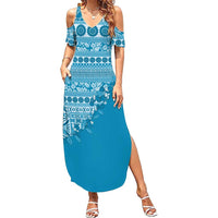 Fiji Marau na Kerisimasi Family Matching Summer Maxi Dress and Hawaiian Shirt Aqua Tagimoucia Tapa Masi Tribal LT9 Mom's Dress Aqua - Polynesian Pride