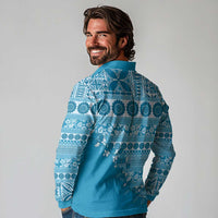 Fiji Marau na Kerisimasi Long Sleeve Polo Shirt Aqua Tagimoucia Tapa Masi Tribal LT9 - Polynesian Pride