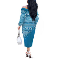 Fiji Marau na Kerisimasi Off The Shoulder Long Sleeve Dress Aqua Tagimoucia Tapa Masi Tribal LT9 - Polynesian Pride