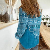 Fiji Marau na Kerisimasi Women Casual Shirt Aqua Tagimoucia Tapa Masi Tribal LT9 - Polynesian Pride