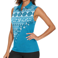 Fiji Marau na Kerisimasi Women Sleeveless Polo Shirt Aqua Tagimoucia Tapa Masi Tribal LT9 - Polynesian Pride