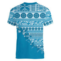 Fiji Marau na Kerisimasi Women V-Neck T-Shirt Aqua Tagimoucia Tapa Masi Tribal LT9 - Polynesian Pride