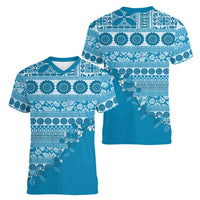 Fiji Marau na Kerisimasi Women V-Neck T-Shirt Aqua Tagimoucia Tapa Masi Tribal LT9 - Polynesian Pride