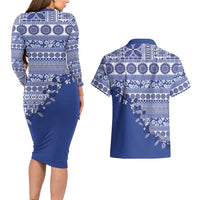 Fiji Marau na Kerisimasi Couples Matching Long Sleeve Bodycon Dress and Hawaiian Shirt Blue Tagimoucia Tapa Masi Tribal LT9 - Polynesian Pride