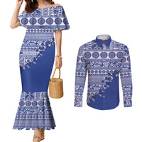 Fiji Marau na Kerisimasi Couples Matching Mermaid Dress and Long Sleeve Button Shirt Blue Tagimoucia Tapa Masi Tribal LT9 Blue - Polynesian Pride
