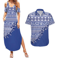 Fiji Marau na Kerisimasi Couples Matching Summer Maxi Dress and Hawaiian Shirt Blue Tagimoucia Tapa Masi Tribal LT9 Blue - Polynesian Pride