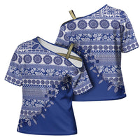 Fiji Marau na Kerisimasi Cross Shoulder Shirt Blue Tagimoucia Tapa Masi Tribal - Polynesian Pride