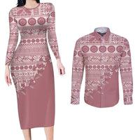 Fiji Marau na Kerisimasi Couples Matching Long Sleeve Bodycon Dress and Long Sleeve Button Shirt Dusty Rose Tagimoucia Tapa Masi Tribal LT9 Pink - Polynesian Pride