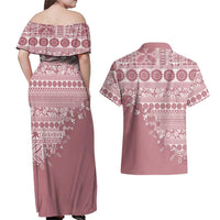 Fiji Marau na Kerisimasi Couples Matching Off Shoulder Maxi Dress and Hawaiian Shirt Dusty Rose Tagimoucia Tapa Masi Tribal LT9 - Polynesian Pride