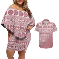 Fiji Marau na Kerisimasi Couples Matching Off Shoulder Short Dress and Hawaiian Shirt Dusty Rose Tagimoucia Tapa Masi Tribal LT9 Pink - Polynesian Pride